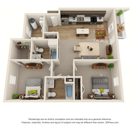 Floor plan for 2 beds, 2 baths, 1104 sqft